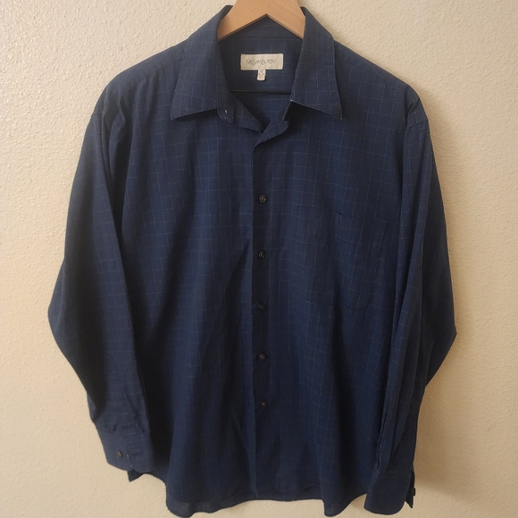 Yves Saint Laurent Longsleeve Blue Plaid Button-down Dress Shirt Mens sz Large - Picture 1 of 5